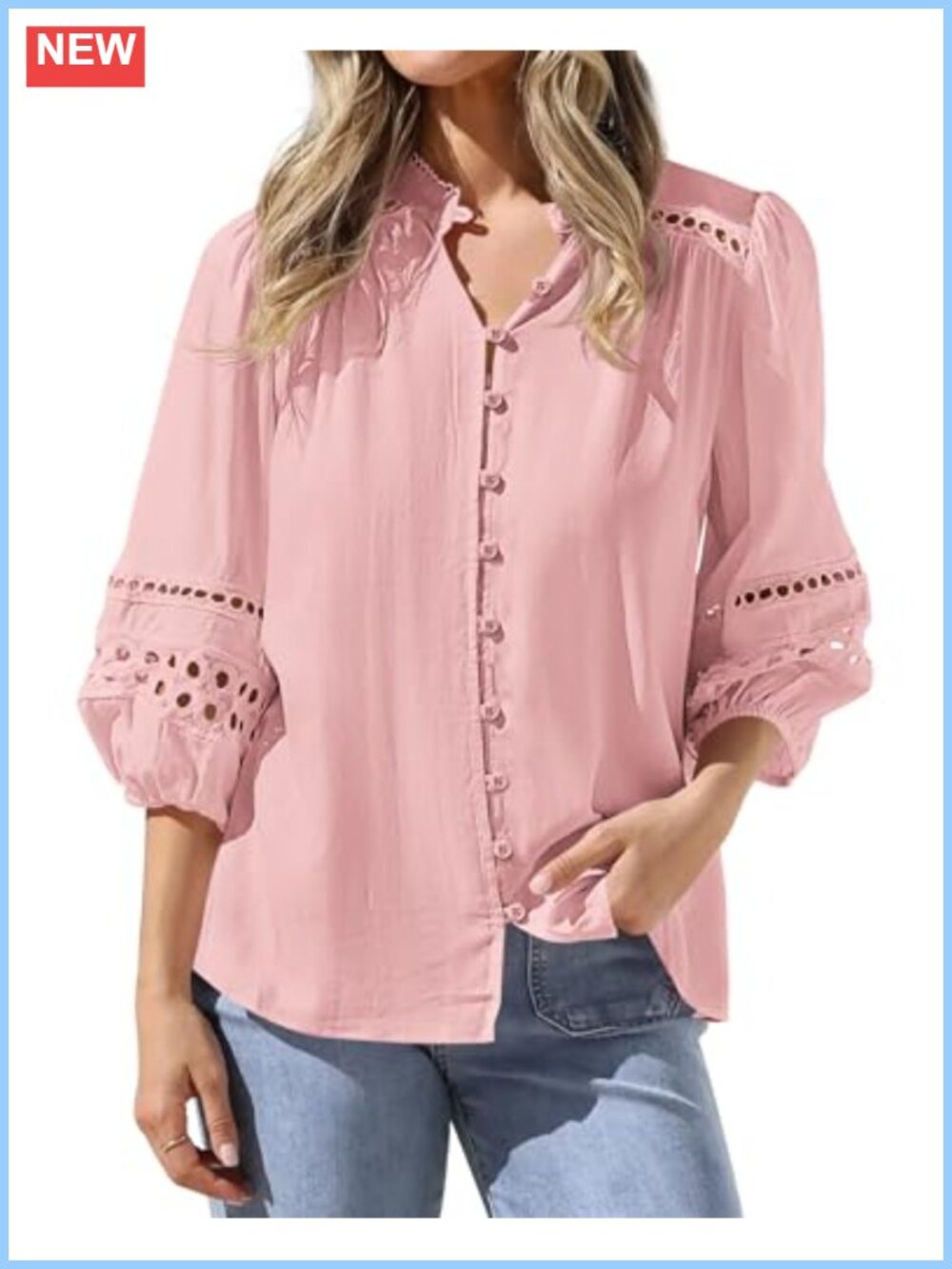 BTFBM Women 3/4 Sleeve Eyelet Button Down Blouse Dressy Casual